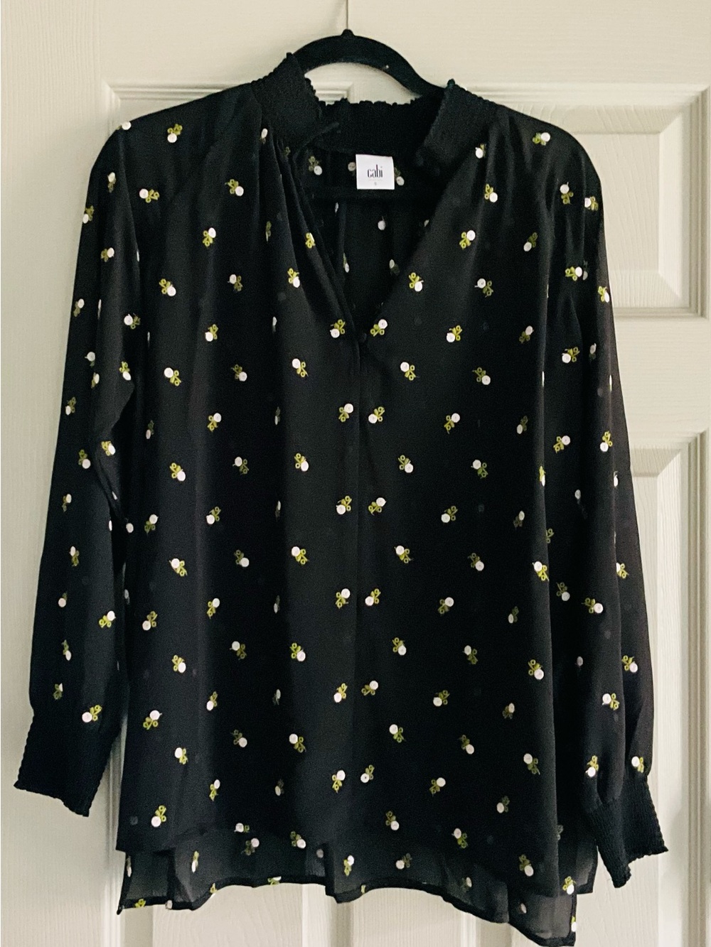 CAbi Black Floral-Cluster V-Neck Long-Sleeve Blouse